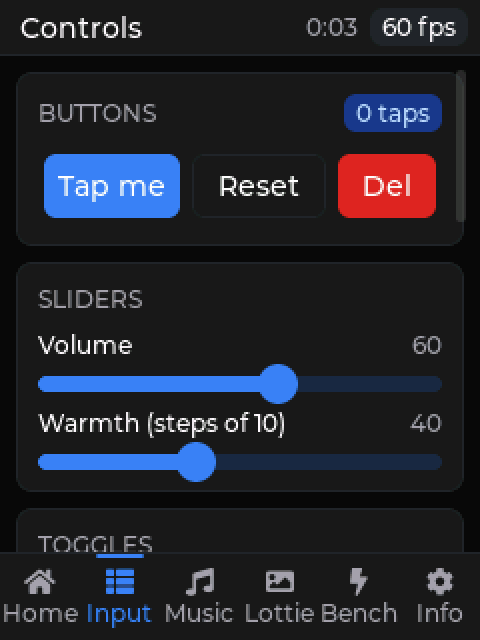 The Input page of the widgets tour