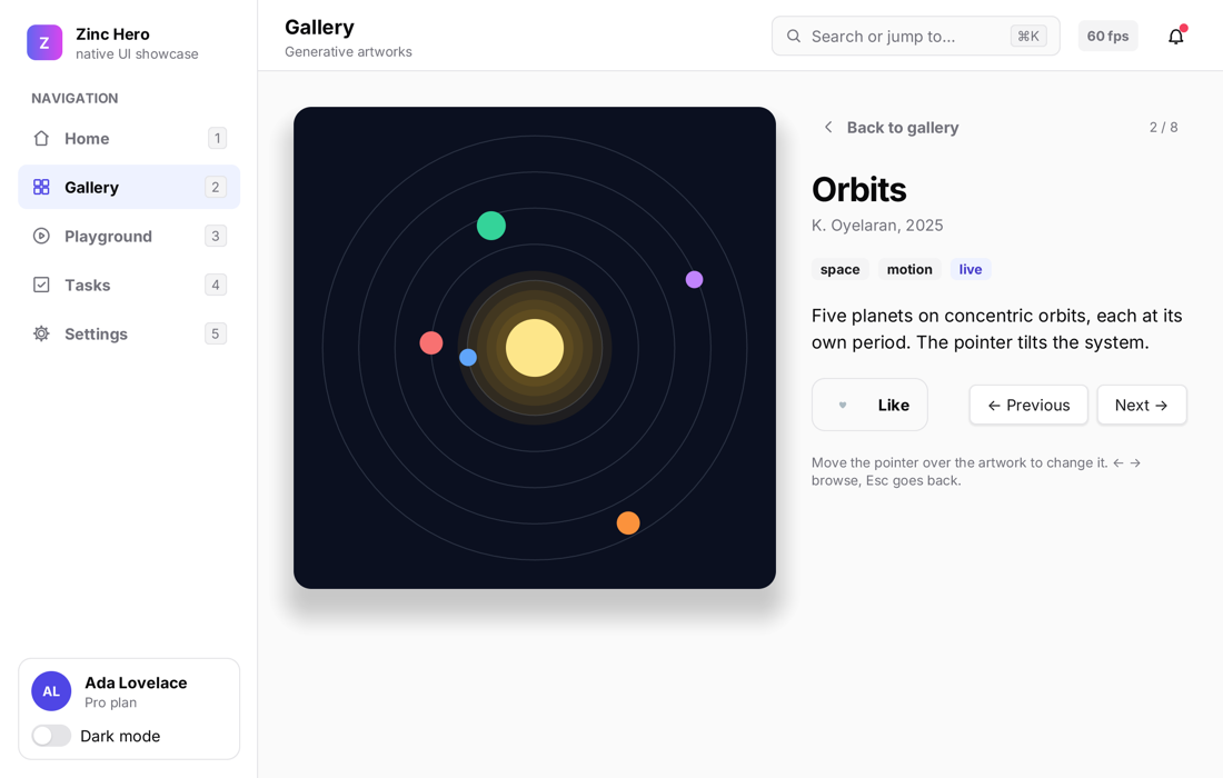 The hero demo: an app with an intro, screens, transitions and a gallery